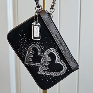 Coach Poppy Black Wristlet with Silver Heart Accents